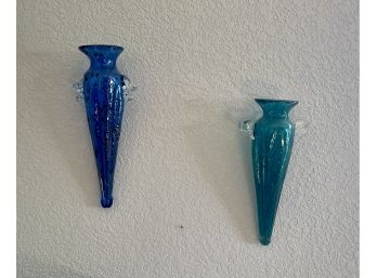 (2) Art Glass Wall Pockets Blue And Green