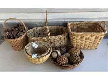 Assorted Basket Lot With Pinecones And Faux Decor