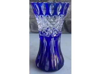 Antique Bohemian Crystal Brilliant Cut To Clear Cobalt Blue Vase Signed