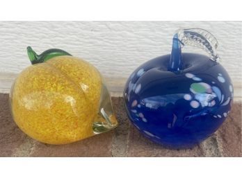 Hand Blown Art Peach And Apple Paper Weights