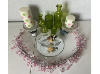 Home Decor Collection - Polka Dot Candles, Resin Birds, Green Glass Bottles, Pink Bead Wreath, And More