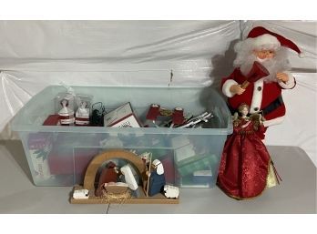 Christmas Decor Lot - 25 Inch Electric Santa, Wooden Nativity Scene, Wooden Ornaments And More