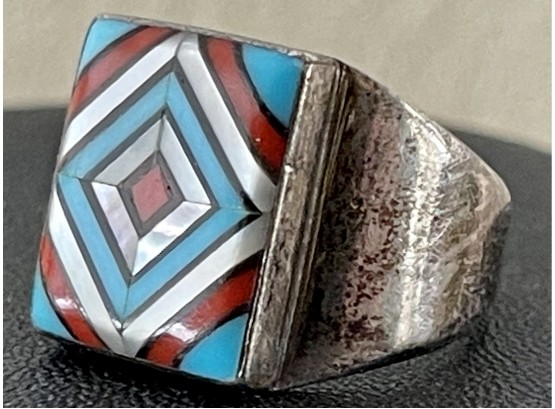 Dan Whitegoat Navajo Inlay Ring, Turquoise, Coral And Mother Of Pearl Signed WD Size 8  Weighs 10 Grams