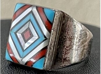 Dan Whitegoat Navajo Inlay Ring, Turquoise, Coral And Mother Of Pearl Signed WD Size 8  Weighs 10 Grams