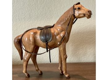 Vintage Leather Wrapped Equestrian Horse Statue With Stirrups & Saddle