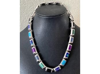 Gorgeous Heavy Mexico TN-51 950 Sterling Silver & Stone Necklace  87.3 Grams Turquoise, Azurite, Malachite