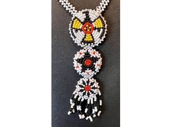 Vintage Native American Seed Bead Necklace Thunderbird Pendant With Leather Back