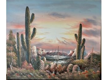 Signed Thomas Oil Painting On Canvas Arizona Landscape Saguero Cactus Unframed