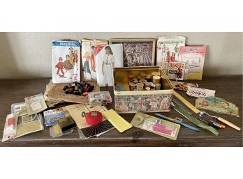 Vintage Tin With Large Lot Of Assorted Sewing Notions Including Patterns, Thread, Needles, & More