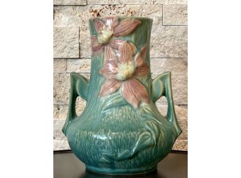 Vintage Roseville Green Clematis Two Handled Vase 106-7