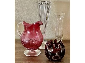 Vintage & Antique Lot Of Cranberry Glass, Czech Red Rose Cut To Clear, Etched Bud Vase And Clear Flower Vase