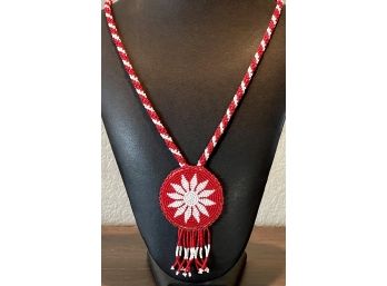 Vintage Native American Red & White Seed Bead Necklace Unique Snap Closure