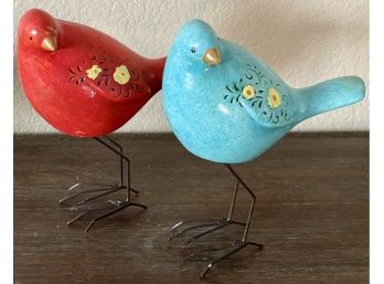 (2) Ceramic Mid Century Modern Birds With Metal Legs Red & Blue