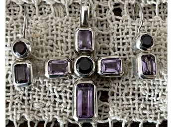 Amethyst & Garnet Sterling Silver 925 Cross With Matching Earrings Signed .925 PT1 22 Grams
