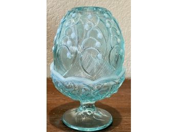 (1) Fenton Lily Of The Valley Blue Carnival Opalescent Two Piece Fairy Lamp
