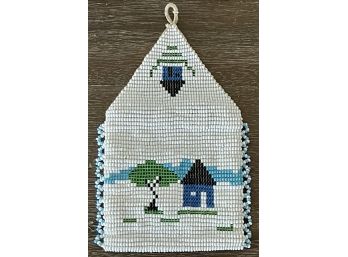 Stunning Seed Bead Medicine Bag With Small House  & Tree On Front Hand Made With Mother Of Pearl Button