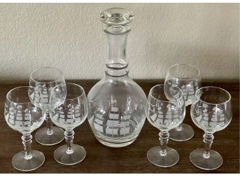 Vintage Crystal Clipper Ship Etched Decanter And (6) Etched Glasses