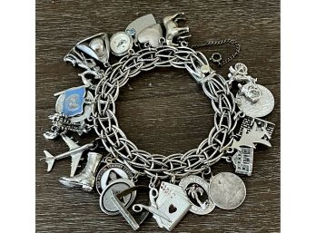Antique Heavy Sterling Silver Charm Bracelet Signed Y.R. Sterling With 24 Sterling Charms Weighs 90 Grams