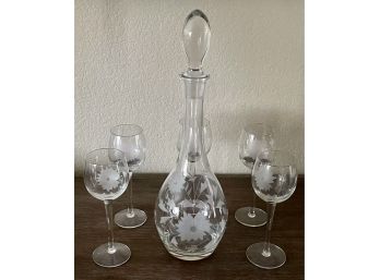 Toscany Crystal Etched Flower Design Decanter And (5) Etched Glasses