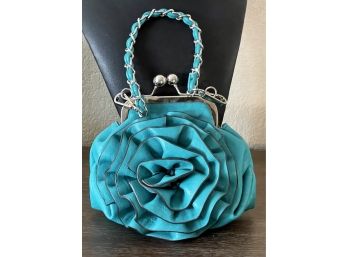 Darling Teal Ruffle Flower Front Small Faux Leather Purse With Metal Clasp And Handle Perfect Easter Bag