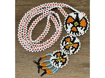 Native American Seed Bead Necklace W Three Thunderbird Medallions Leather Back