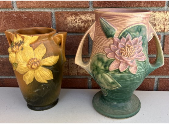 Vintage Roseville Pottery Water Lilly 9.5 Inch Vase With Yellow Peony 7.5 Inch Vase ( As Is )