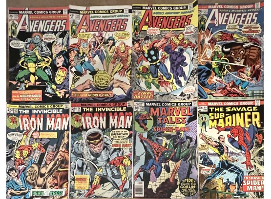 (8) 1970s Marvel Comics Group Comic Books - Avengers, Iron Man, Sub-mariner, & Marvel Tales
