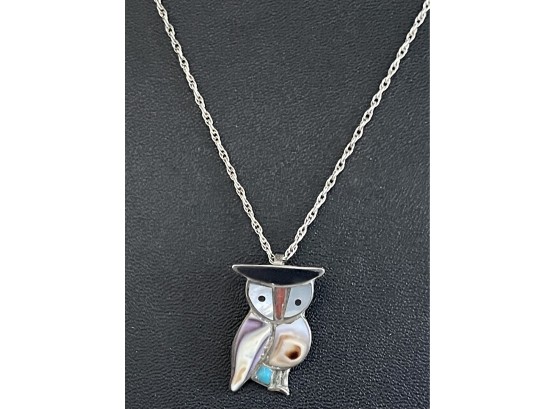 Sterling Silver Zuni Inlay Owl Pendant MOP - Onyx - Sterling Silver 18' Chain