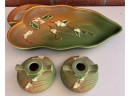 (2) Vintage Roseville Pottery Snowberry Candle Holders With Snowberry Brown & Green Tray