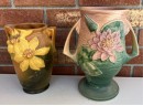 Vintage Roseville Pottery Water Lilly 9.5 Inch Vase With Yellow Peony 7.5 Inch Vase ( As Is )