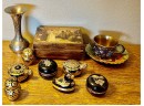 Dresser Lot Of Black Lacquer Asian Animal Trinket Boxes - Dresser Music Box (works) India Vase - Cloissone Cup