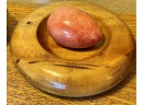 Vintage Myrtle Wood Bowl With Carved Stone Fruit Apple, Pineapple And Egg