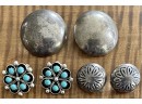 (3) Pairs Of Native American Petite Point Turquoise- Stamped Sterling Silver And Half Ball Clip On Earrings