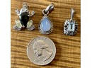 (2) Sterling Silver Pendants - Moonstone India & Blue Topaz Square Stone - Silver Tone Frog With Crystals