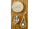 (2) 14K White And Yellow Gold Pendants - White Gold Heart With Diamond & Yellow Gold Pendant With Pearl