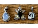 (2) Sterling Silver Pendants - Moonstone India & Blue Topaz Square Stone - Silver Tone Frog With Crystals