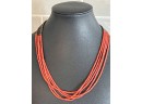 Vintage Native American Real Coral Heishi Bead Necklace With Brown Shell Tops And Sterling Cones