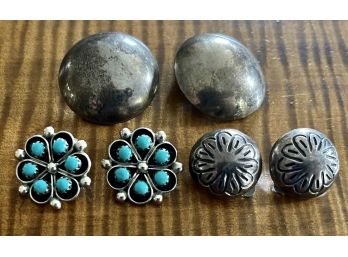 (3) Pairs Of Native American Petite Point Turquoise- Stamped Sterling Silver And Half Ball Clip On Earrings