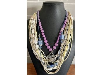 Lot Of Seed Bead Necklaces - Multi Strand With Mother Of Pearl, Purple With Pendant, And More