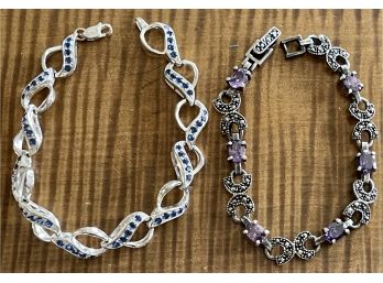 (2) Sterling Silver Bracelets - (1) Purple Stone And Marcasite, (1) With Blue Faux Stones