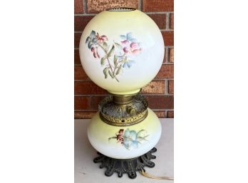 Antique Double Floral Glass Globe Pull Lamp With Brass Base And Lighted Bottom (as Is)