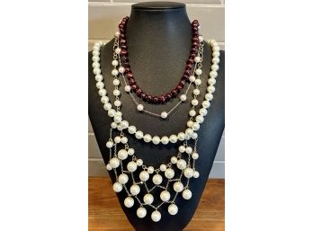 (4) Faux Pearl Necklaces - (1) With Sterling Silver Clasp