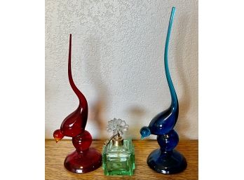 Vintage Red & Blue Art Glass Birds With Green Glass Japan Perfume Bottle