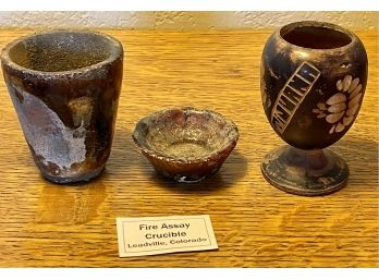 Antique Assay Fire Crucible Leadville CO & Hand Carved Antique Tijuana Souvenir Wood Cup