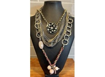 Lia Sophia Multi Strand Metal Necklace, Kiam Family Enamel And Rhinestone, Pink Quartz Stone Bead Necklace