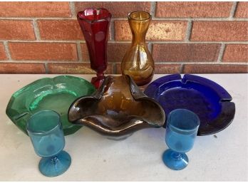 Vintage Art Glass - Cobalt & Green Ash Trays, Amber Vases & Bowl, Blue Cups & Red Vase