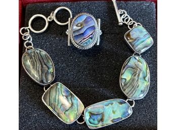 Abalone And Mother Of Pearl Bracelet 7.5' Signed 925 LUC  And  MOP Ring Size 8 Stamped