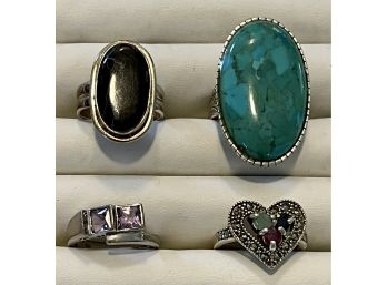 (4) Sterling Silver Rings - (1) Amethyst, (1) Marcasite, (1) Crazy Lace Agate, And (1) Turquoise Colored Stone