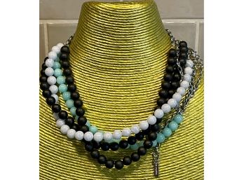 (4) Lia Sophia Stone Bead Necklaces - Onyx, Blue Chalcedony, And Sea Blue
