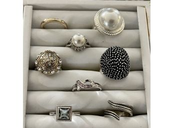 Lot Of Gold And Silver Tone Rings - (1) Ring Bomb Party, Faux Pearls, Rhinestones, Marcasite, And More